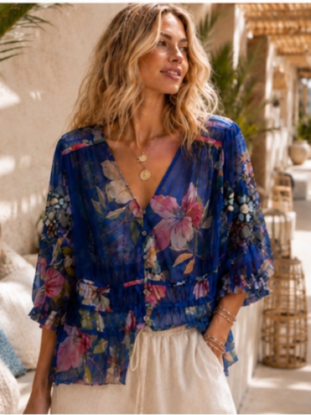 Johnny Was Embroidered Blue Floral Mesh Mazzy Embroidered Blouse Blue Size S - Picture 3 of 11